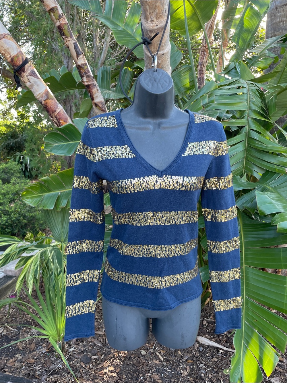 cache striped sequin V-neck top